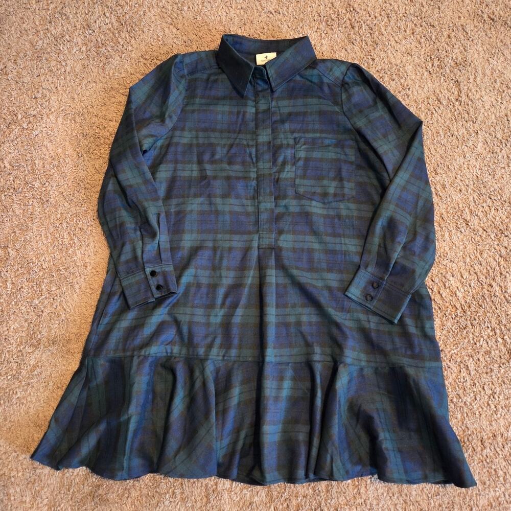 tuckernuck Callahan Shirt Dress green plaid collared drop waist swing shape L